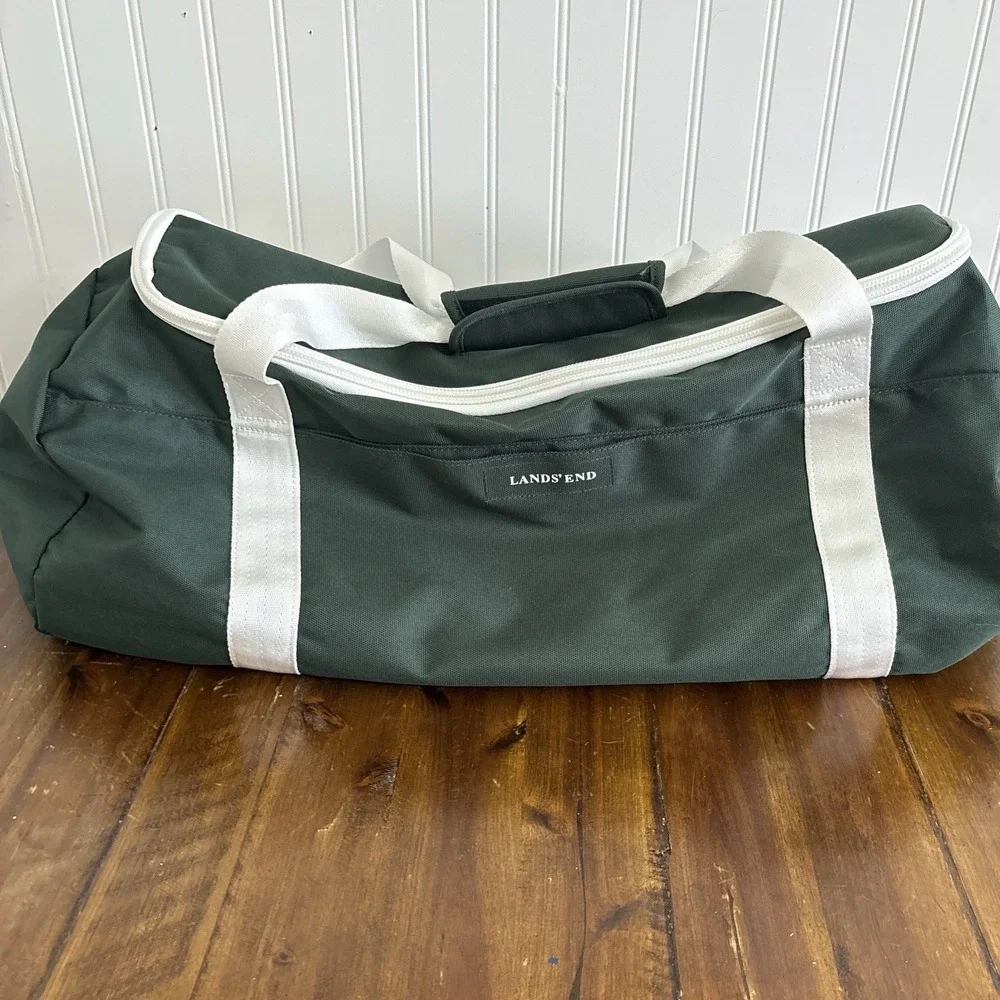 Vintage Lands' End Green White Duffel Bag Weekender Gym Travel Shoulder Strap